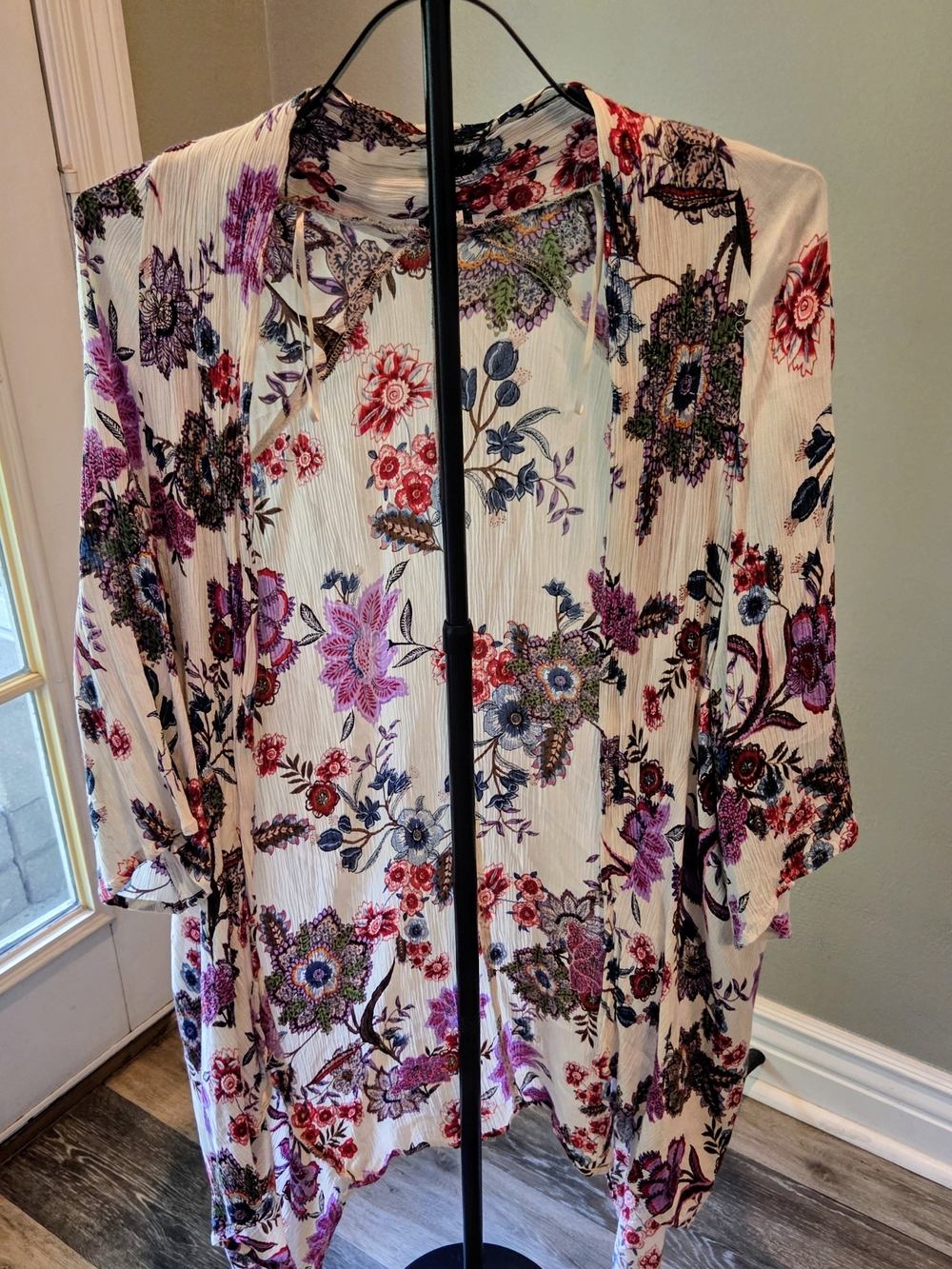 Patrons of Peace White Kimono Tunic with Pink & Purple Floral Print